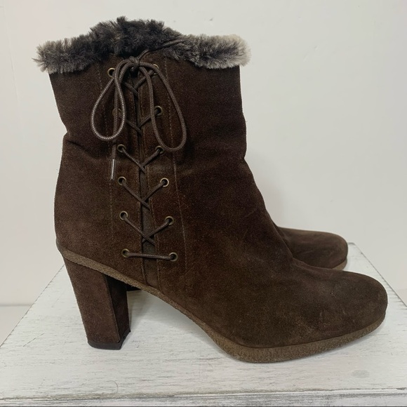 Stuart Weitzman Brown Suede Faux Fur Trim Lace Up Zip Up Ankle Boots - Picture 8 of 16